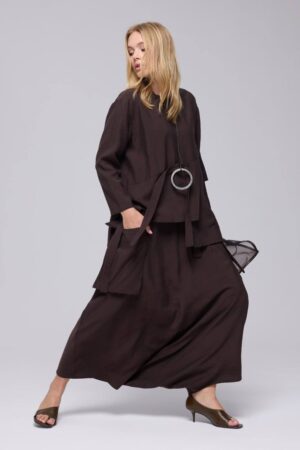 Chocolate Brown Belted Linen Jacket & Wide Skirt Set