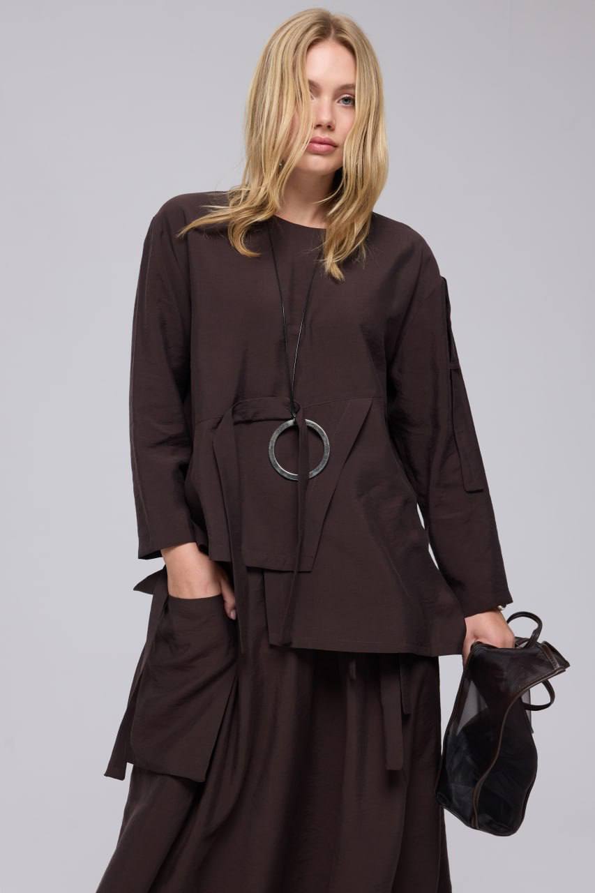 Chocolate Brown Belted Linen Jacket & Wide Skirt Set - Image 3