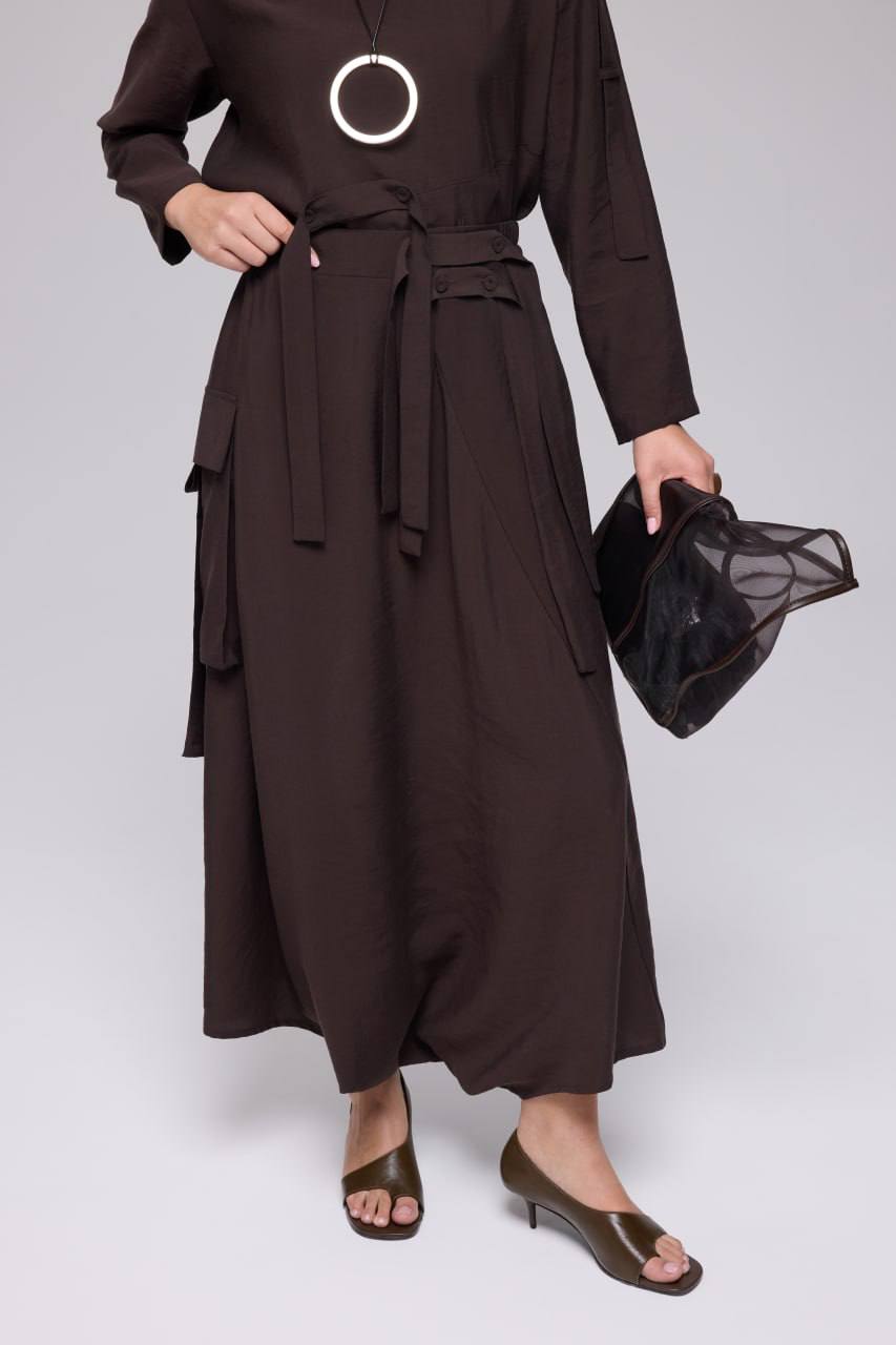 Chocolate Brown Belted Linen Jacket & Wide Skirt Set - Image 4