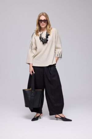 Navy Pinstripe Top & Wide-Leg Trousers Set