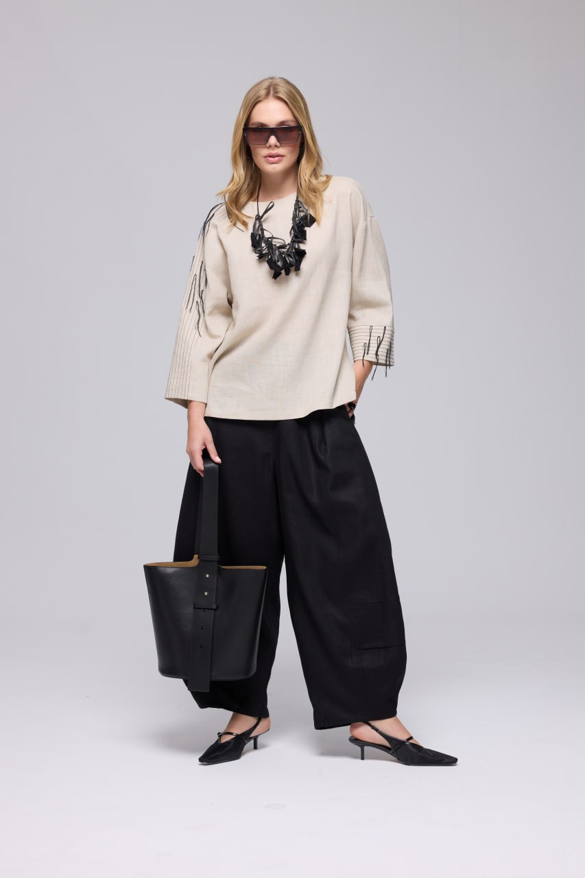 Navy Pinstripe Top & Wide-Leg Trousers Set
