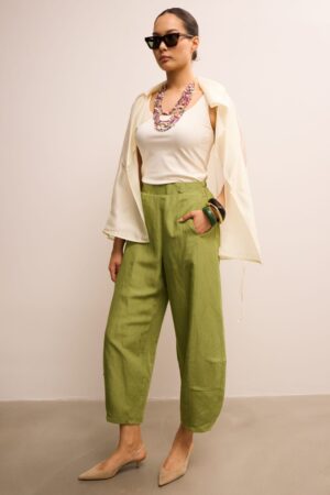 Beige Linen Waistcoat & Brown Wide Trousers