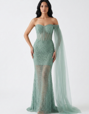 BDM Exclusive Sequin Embroidered Sheer Corset Detailed Cape Detailed Long Evening Dress