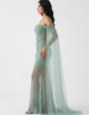 BDM Exclusive Sequin Embroidered Sheer Corset Detailed Cape Detailed Long Evening Dress